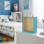 Blue coin box on white table in kids’ room