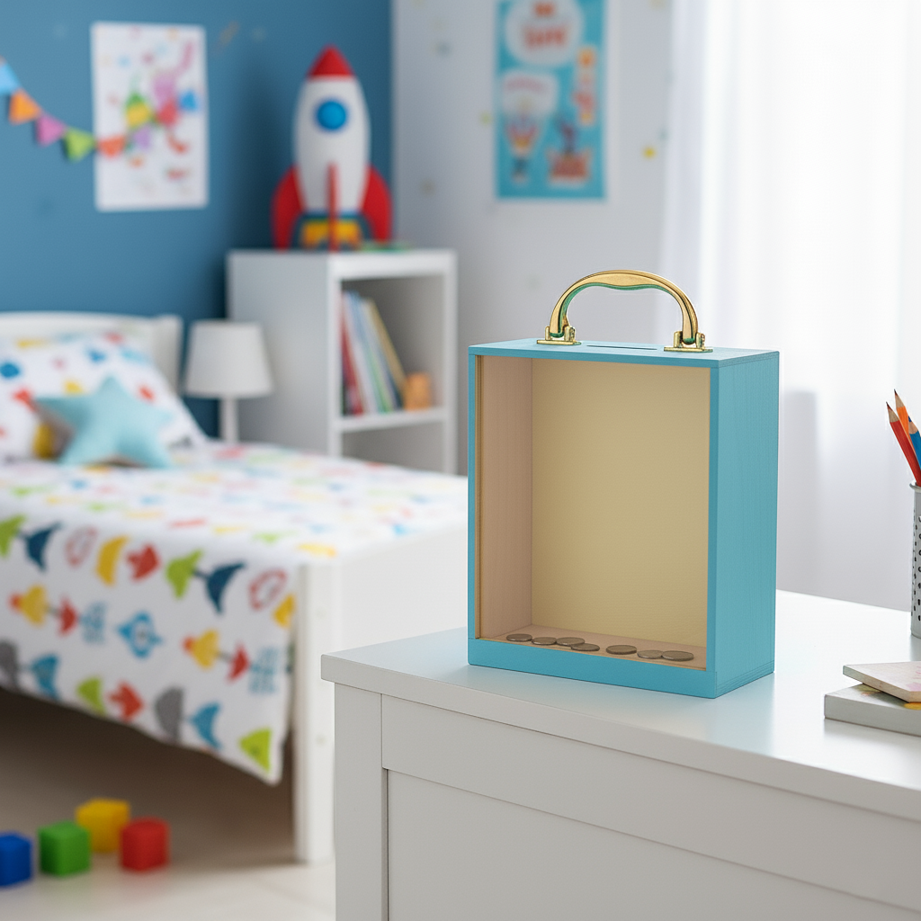 Blue coin box on white table in kids’ room