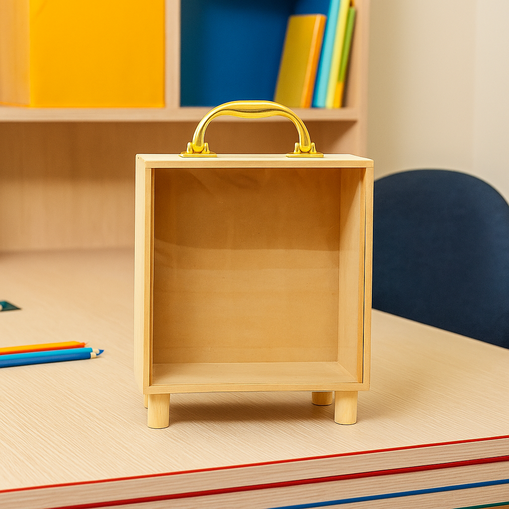Rectangular MDF piggy bank with golden handle and transparent front, modern coin saving box for kids and adults