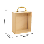 MDF box with a gold handle and dimensions on a white background