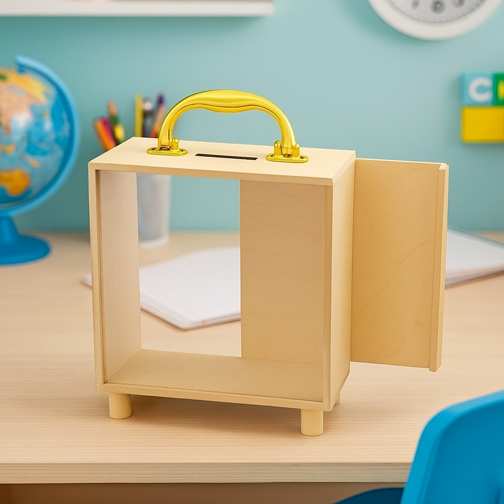 Rectangular MDF piggy bank with golden handle and transparent front, modern coin saving box for kids and adults