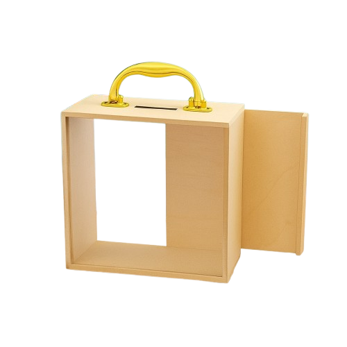 Beige handbag with a gold handle on a white background