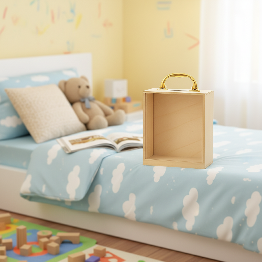 Children's bedroom with a bed featuring a teddy bear and cloud-patterned bedding, a MDF Piggy bank, and toys on the floor.