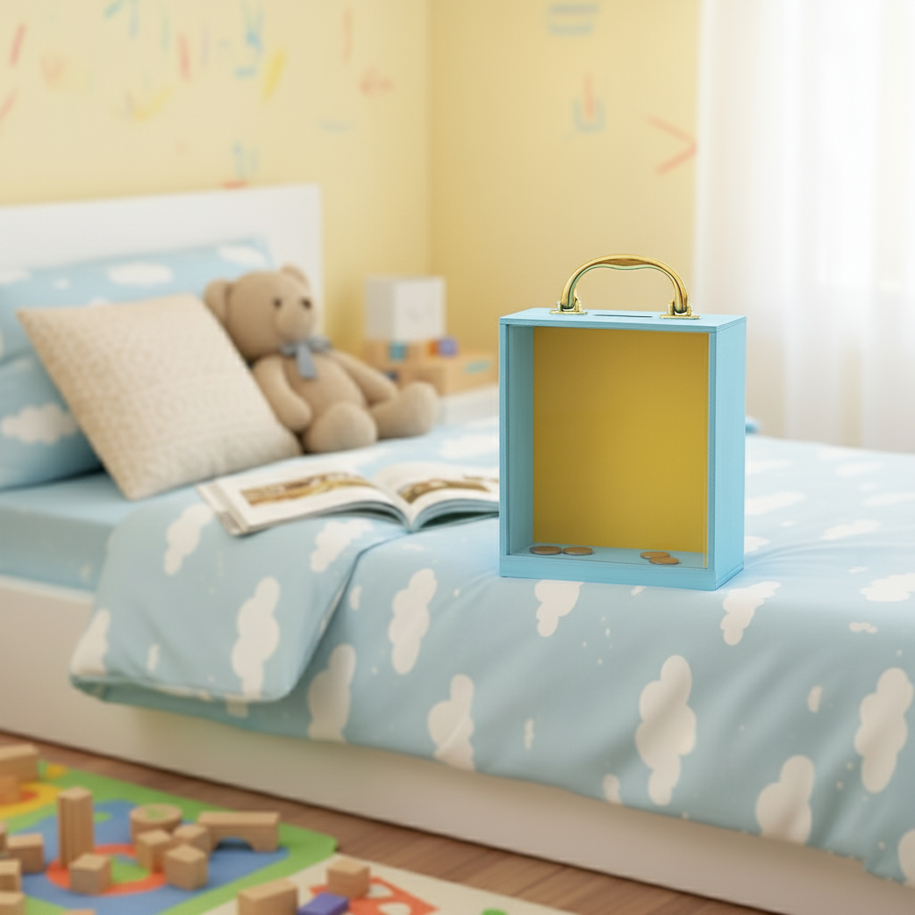 Children's bedroom with a bed, teddy bear, and decorative MDF  coin box.
