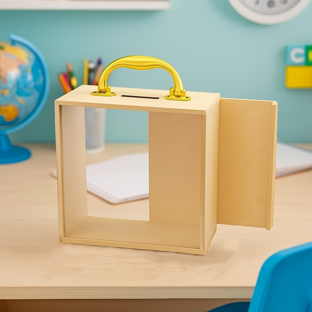 MDF box with a yellow handle on a desk in an educational setting
