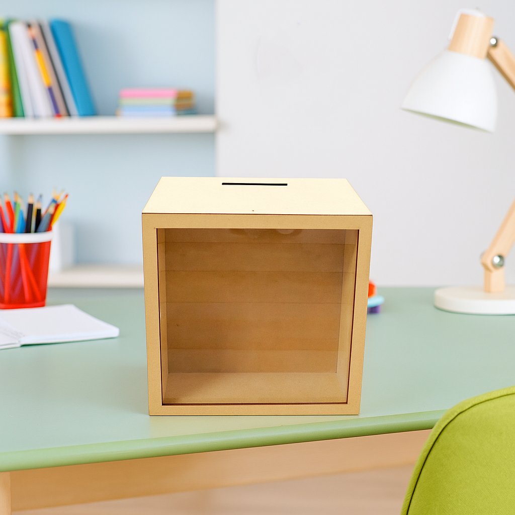 Square MDF piggy bank with transparent front panel, multi-purpose money saving and donation box