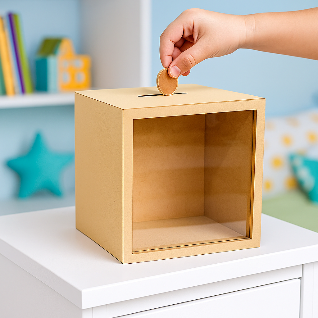 Child dropping coin into square MDF piggy bank box.