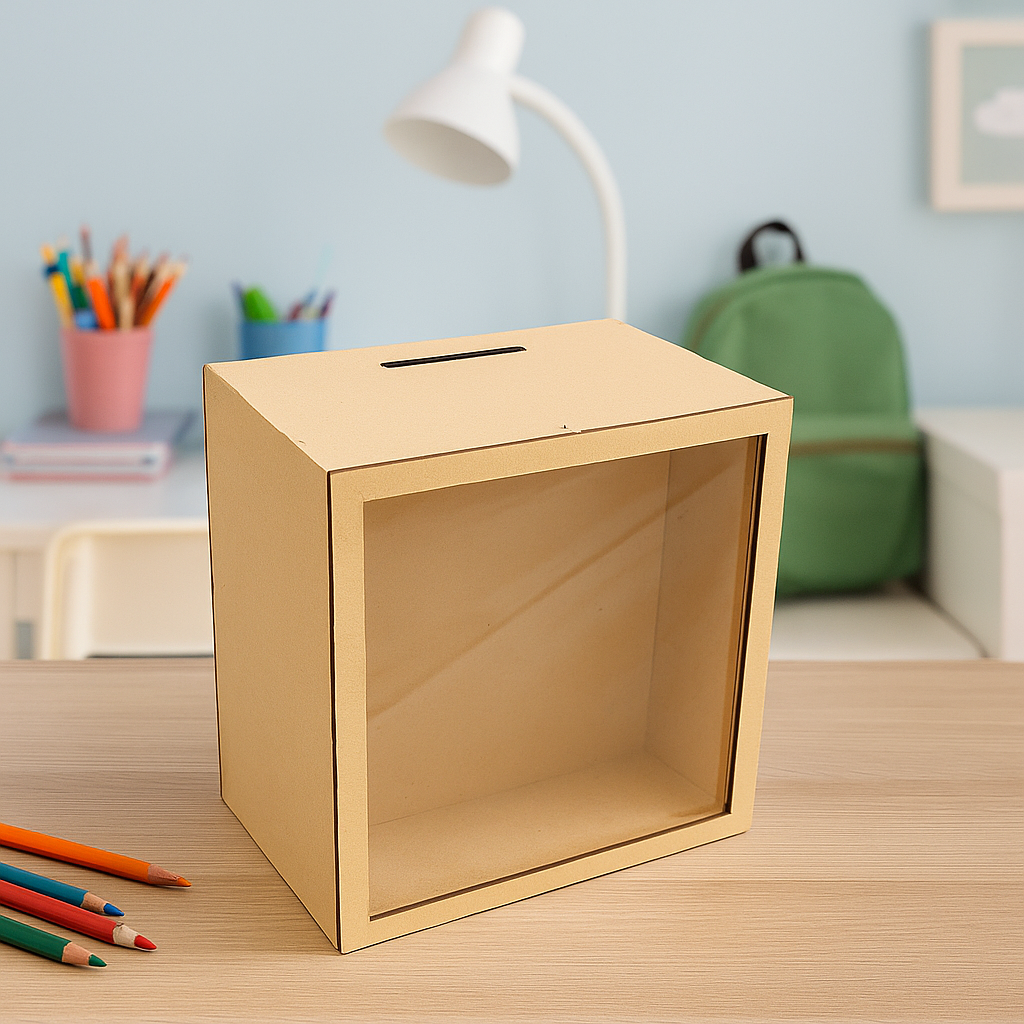 Square MDF piggy bank with transparent front panel, multi-purpose money saving and donation box