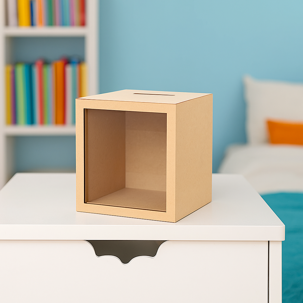 Empty MDF piggy bank box placed on white table in bedroom.