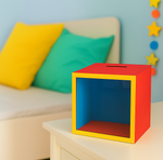 Red and yellow piggy bank box with blue interior on bedside table.