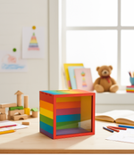 Rainbow-striped piggy bank box on kids’ study table.