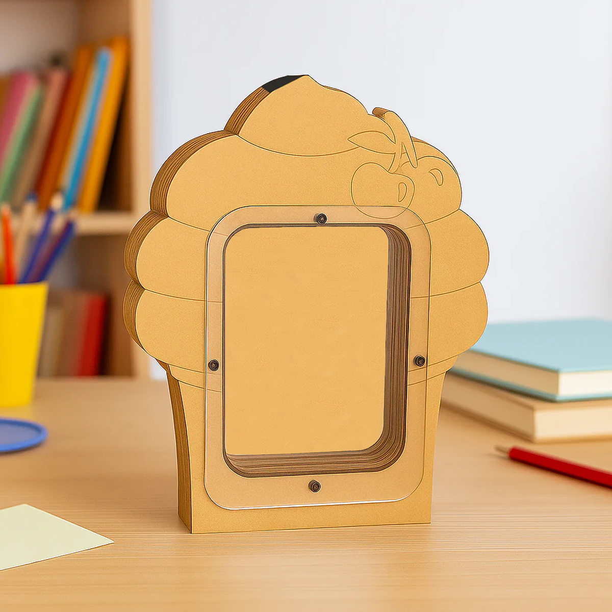 DIY MDF cupcake shaped Money bank on a desk with books and stationery in the background
