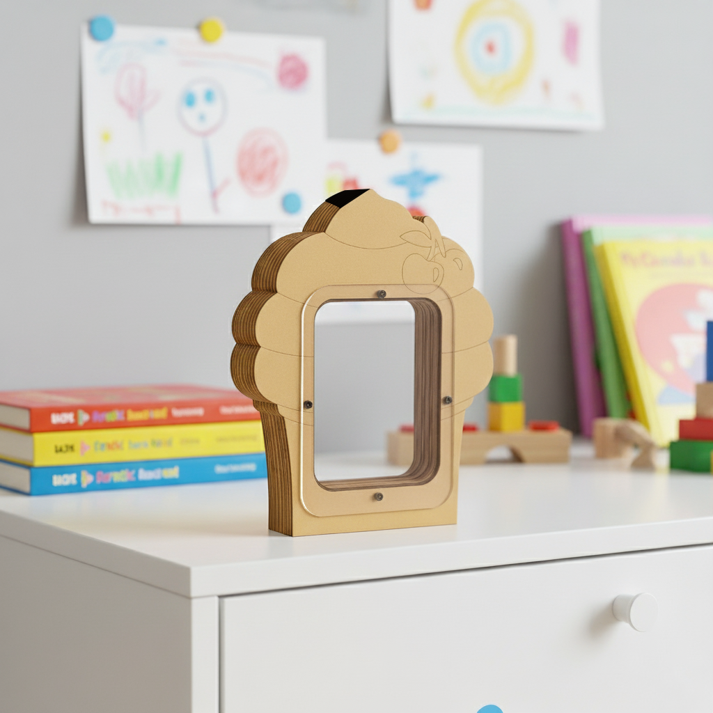 Unpainted MDF cupcake-shaped coin bank on white cabinet.
