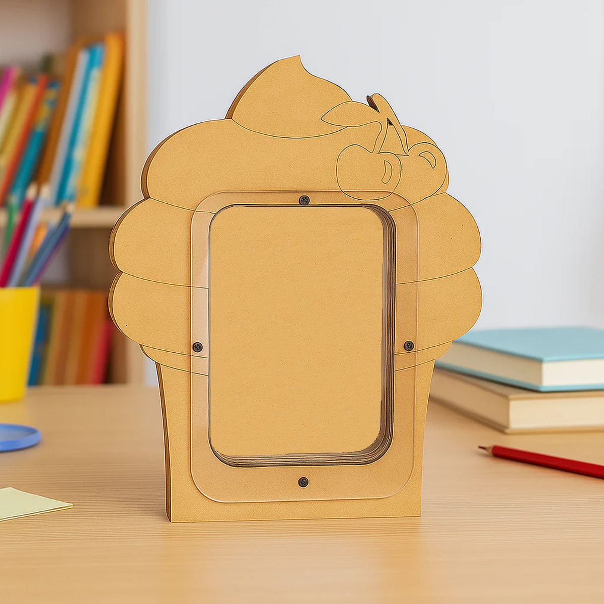 DIY MDF cupcake shaped Money bank on a wooden surface with books and stationery in the background.