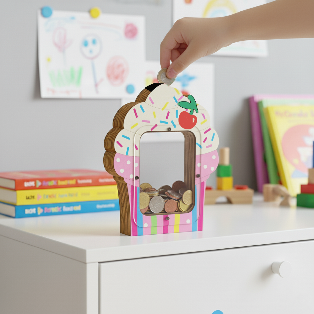Hand inserting coin into colorful cupcake-shaped coin bank filled with coins.