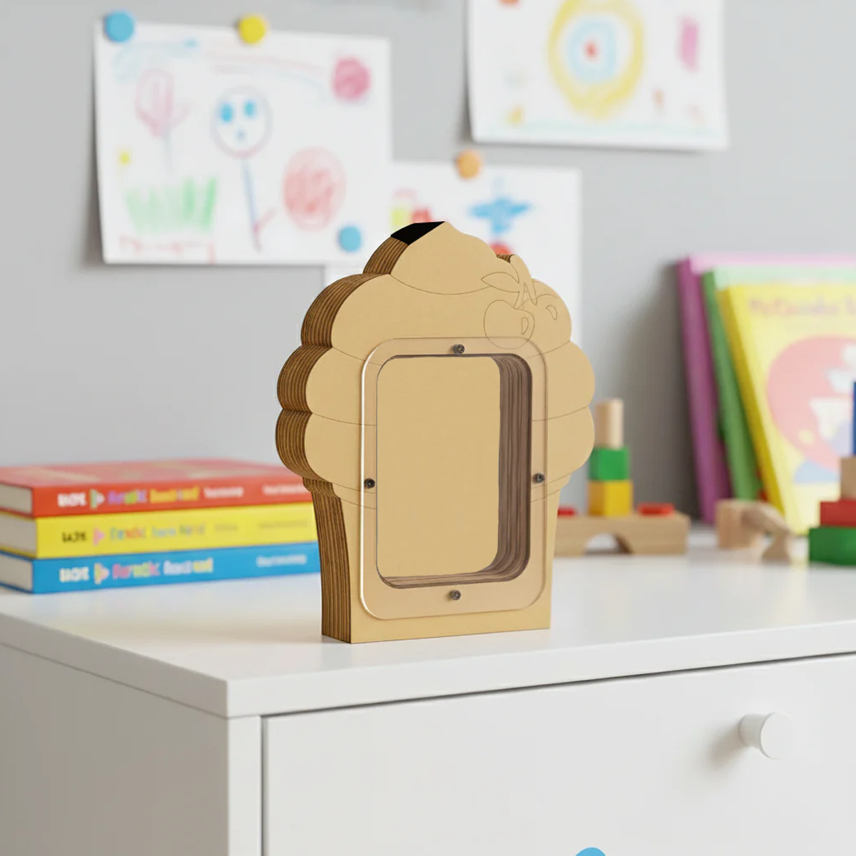 DIY MDF cupcake shaped Money bank  on a shelf with children's books and toys in the background