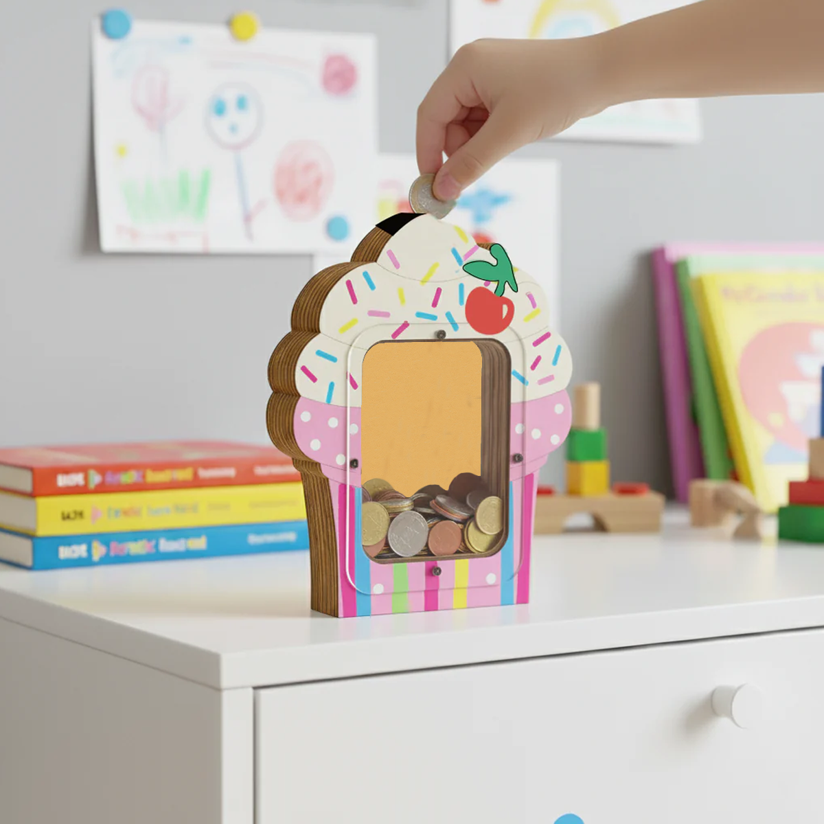 DIY MDF cupcake shaped Money bank with a hand placing a coin into it, set against a background of books and toys.