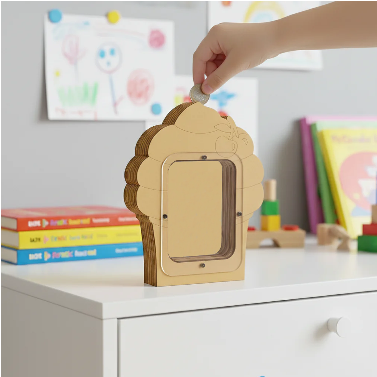DIY MDF cupcake shaped Money bank  with a hand placing a coin into it, set against a background of books and toys.