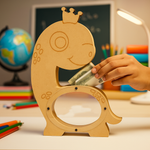 Dinosaur-shaped MDF piggy bank with crown and transparent belly window, cute coin saving box for kids