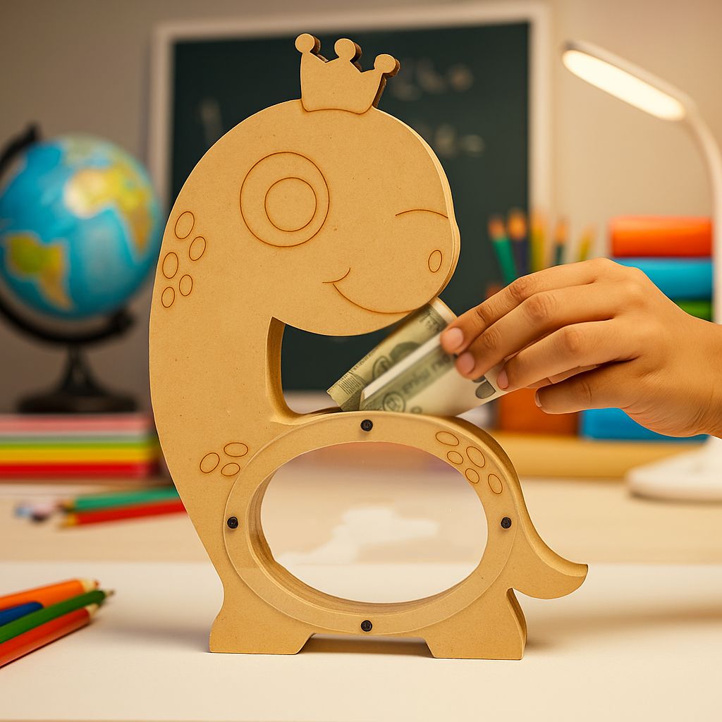 Dinosaur-shaped MDF piggy bank with crown and transparent belly window, cute coin saving box for kids