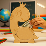 DIY MDF dinosaur-shaped money box with a hand inserting money into it, set against a backdrop of school supplies.
