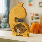 Yellow dinosaur-shaped coin bank with crown and coins inside