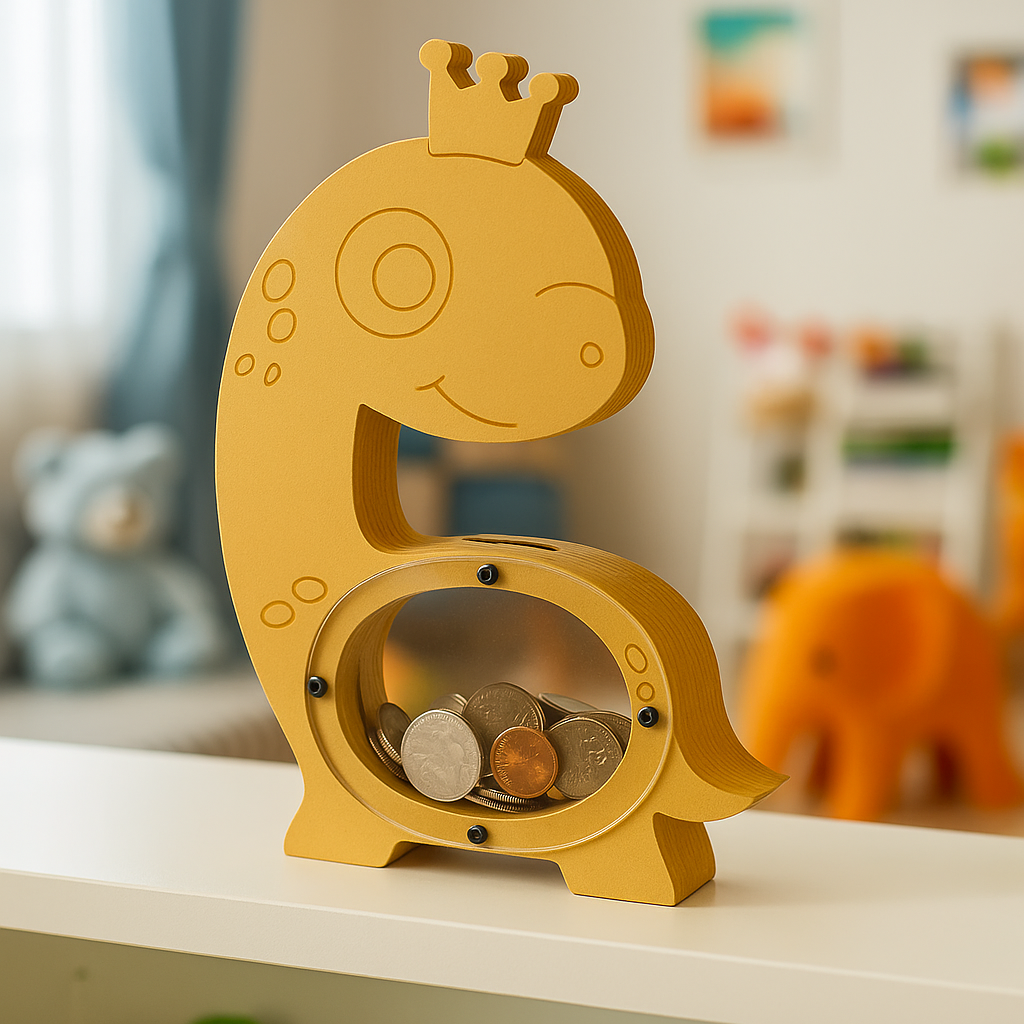 Yellow dinosaur-shaped coin bank with crown and coins inside