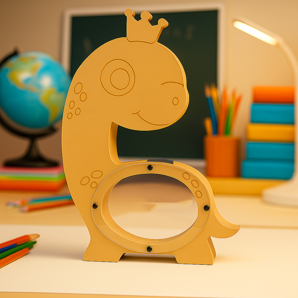 Dinosaur-shaped MDF piggy bank with crown and transparent belly window, cute coin saving box for kids