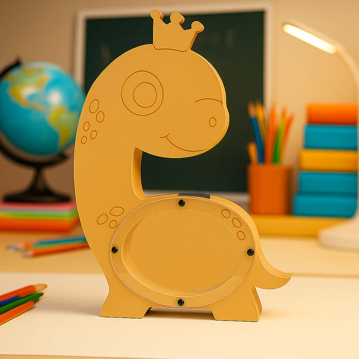 DIY MDF dinosaur-shaped money box with a crown on a desk with educational items in the background