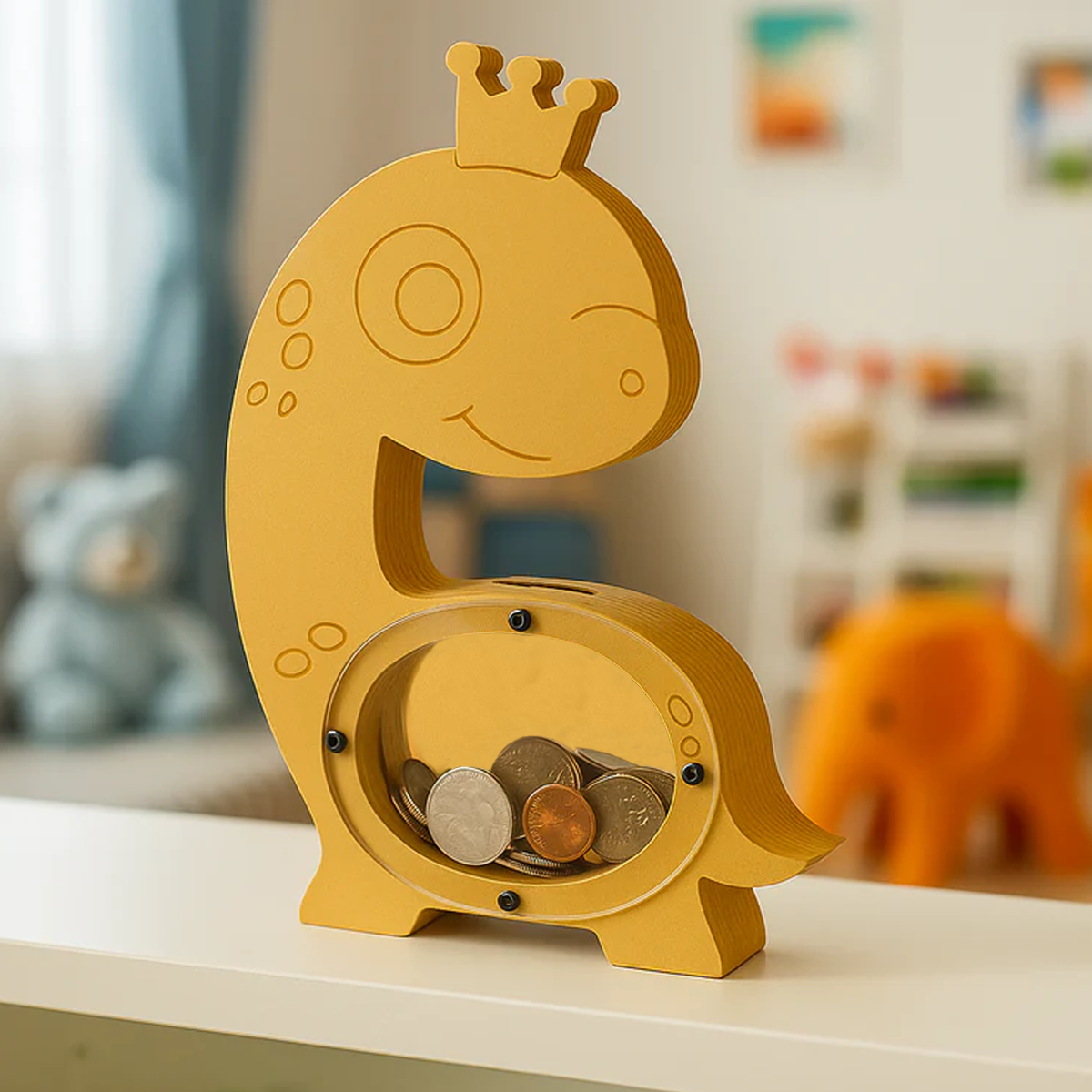 DIY MDF dinosaur-shaped money box
 with coins inside on a shelf.