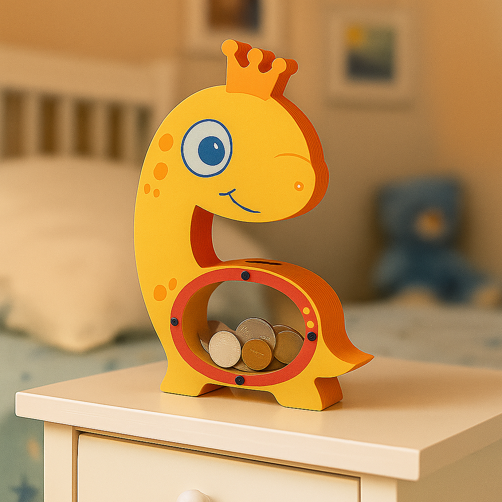 Yellow and red dinosaur coin bank with cartoon eyes and coins inside