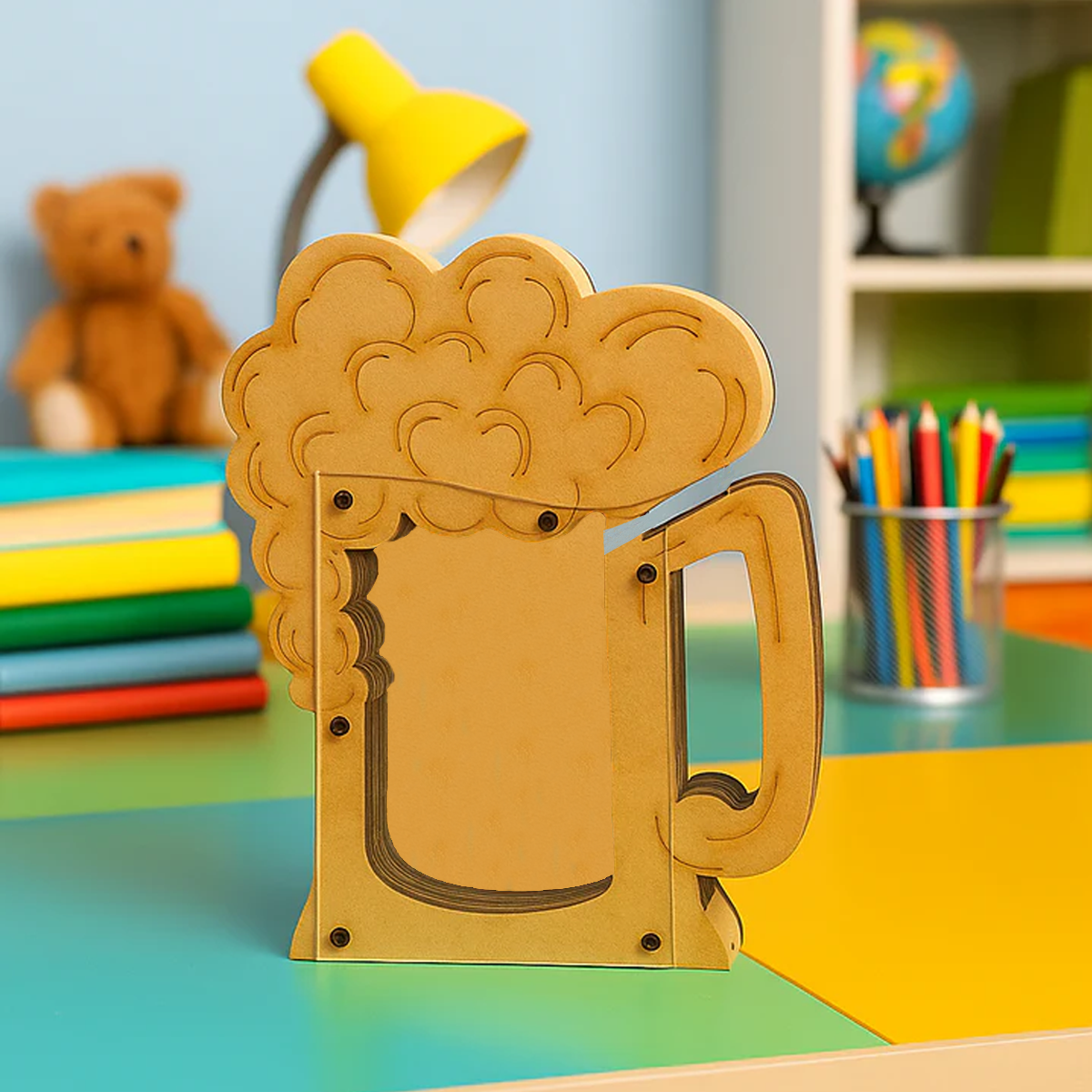 DIY MDF mug-shaped money bank on a colorful surface with books and stationery in the background