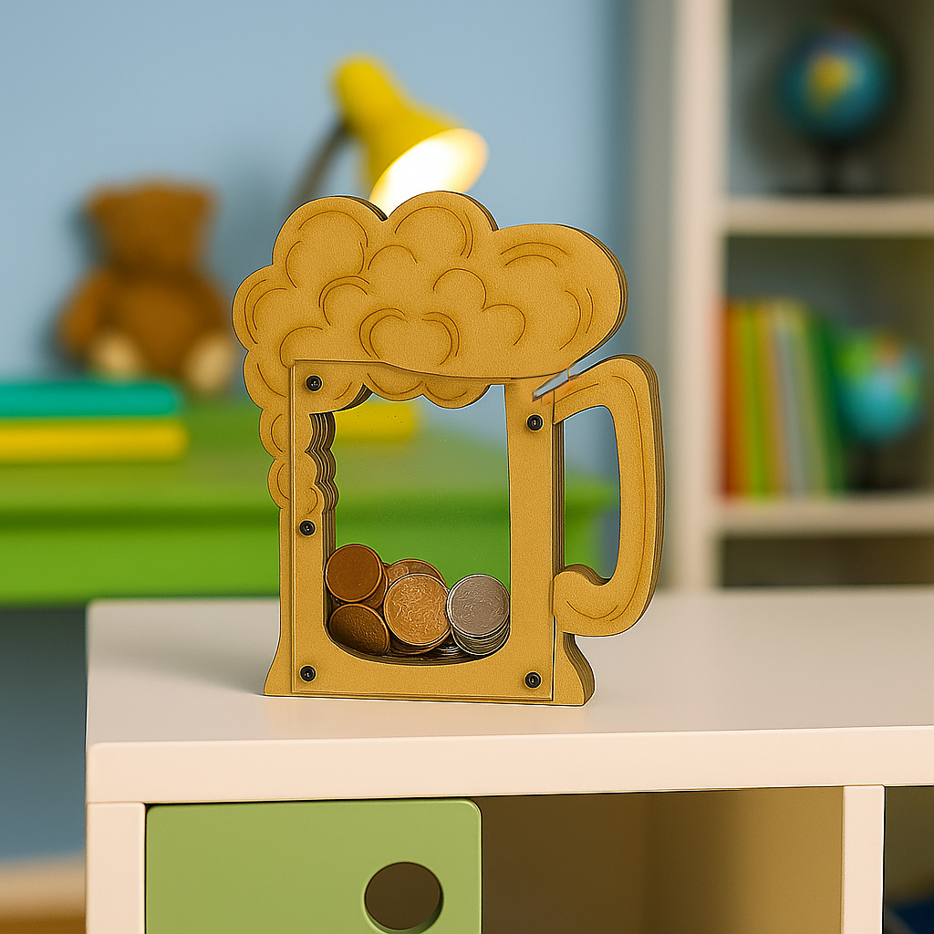 Beer mug shaped MDF piggy bank with coins inside.