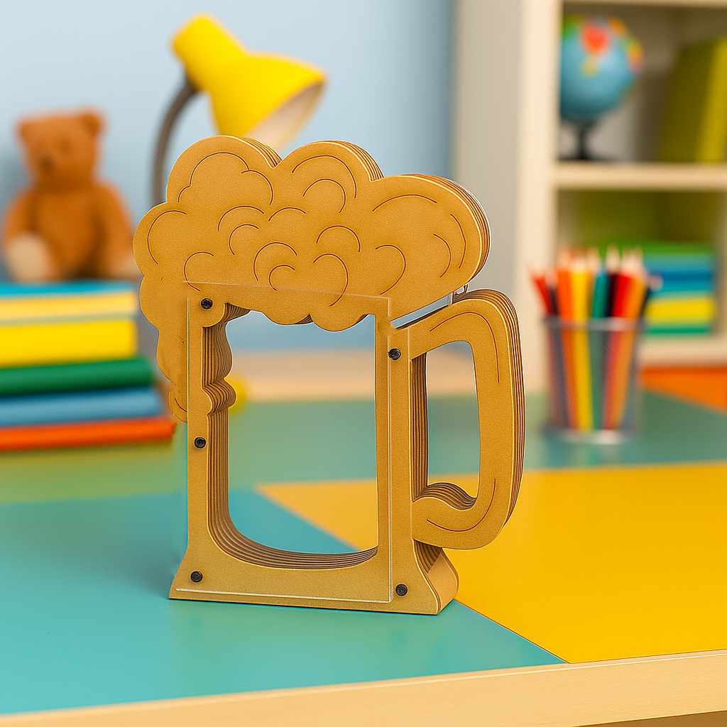 Beer mug-shaped MDF piggy bank with foam design, eco-friendly coin saving box for kids and adults