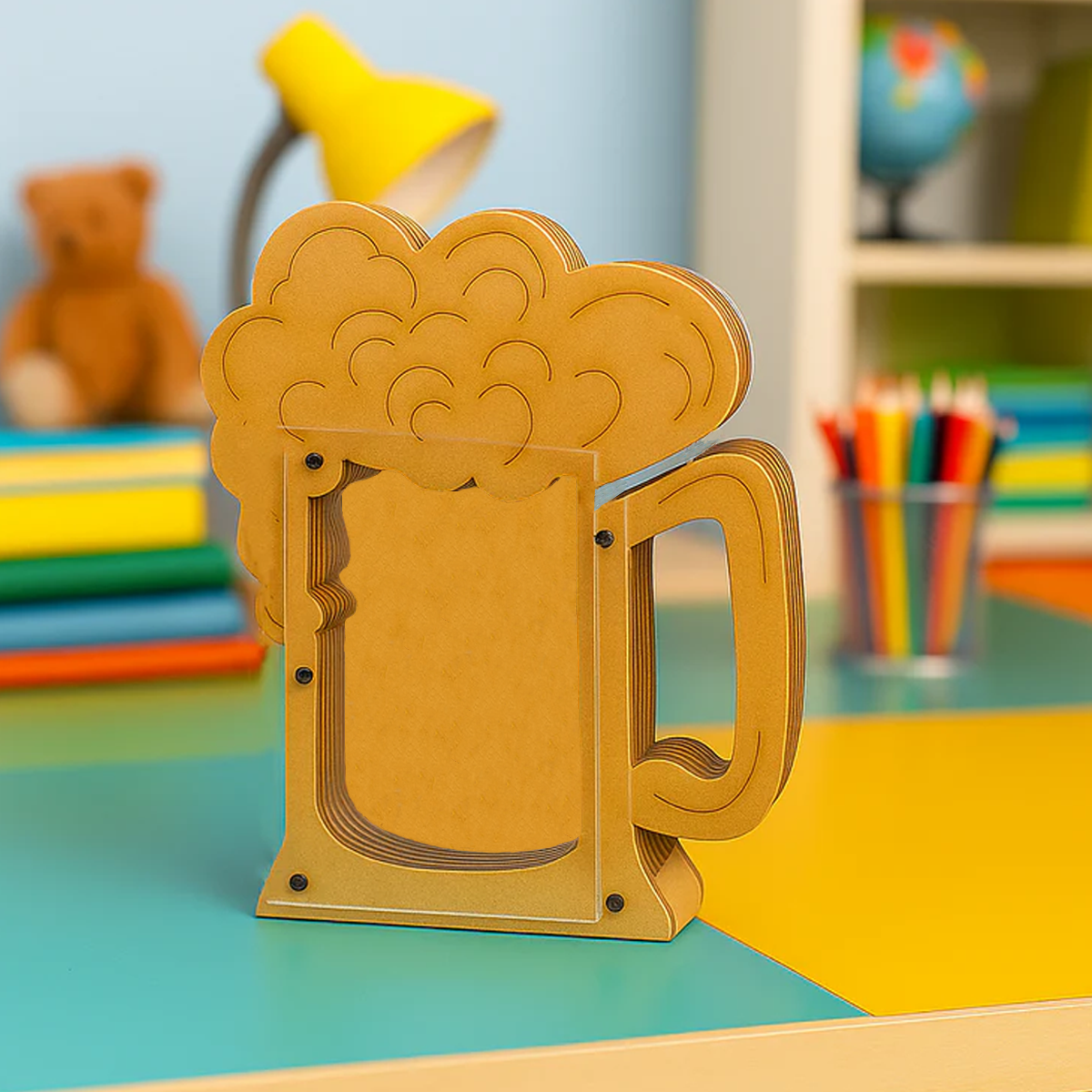 DIY MDF mug-shaped money bank on a colorful surface with books and a teddy bear in the background