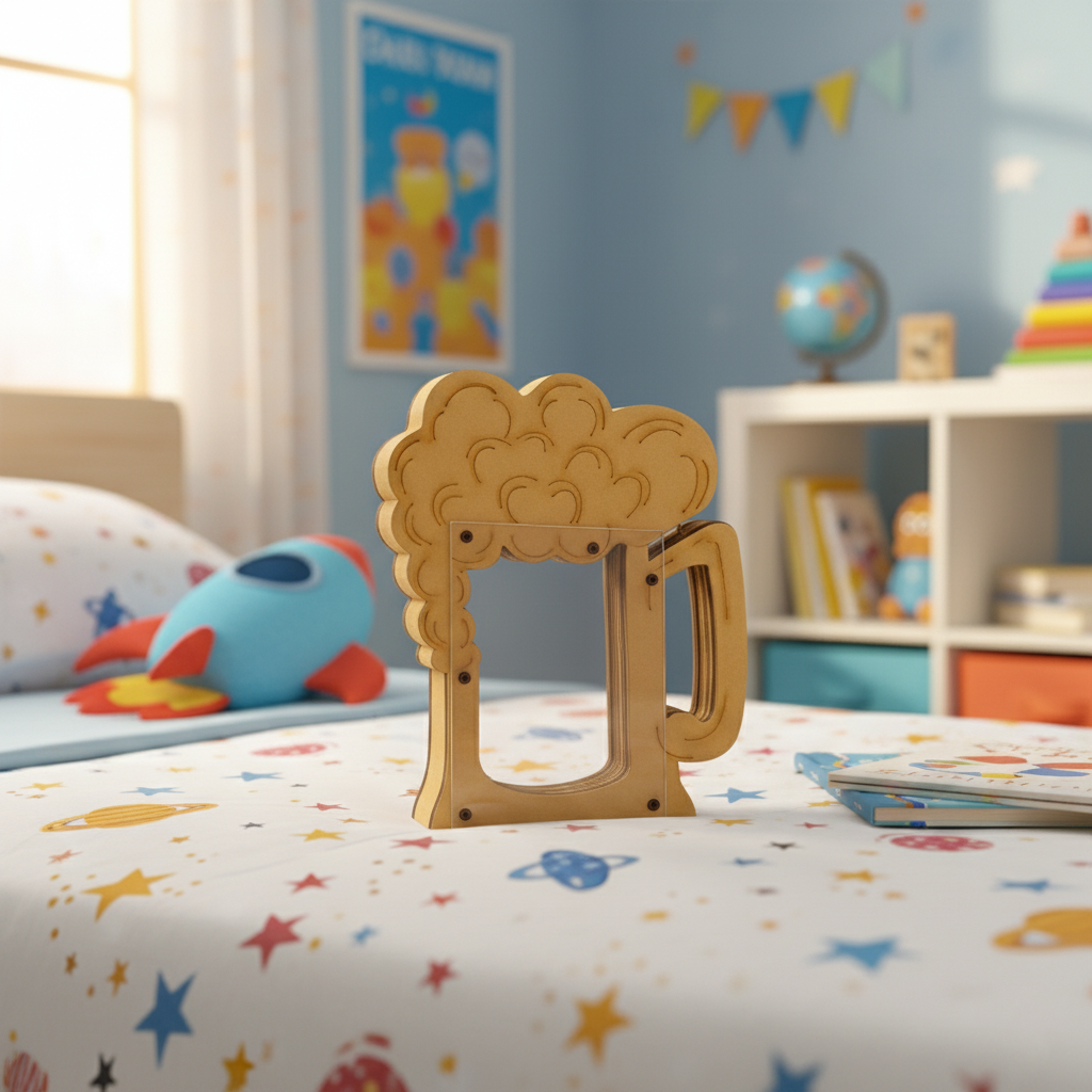 Empty beer mug shaped MDF piggy bank on kids’ bed.