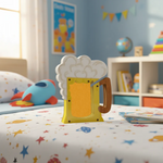 Children's room with a decorative DIY MDF mug shaped money bank on a bed
