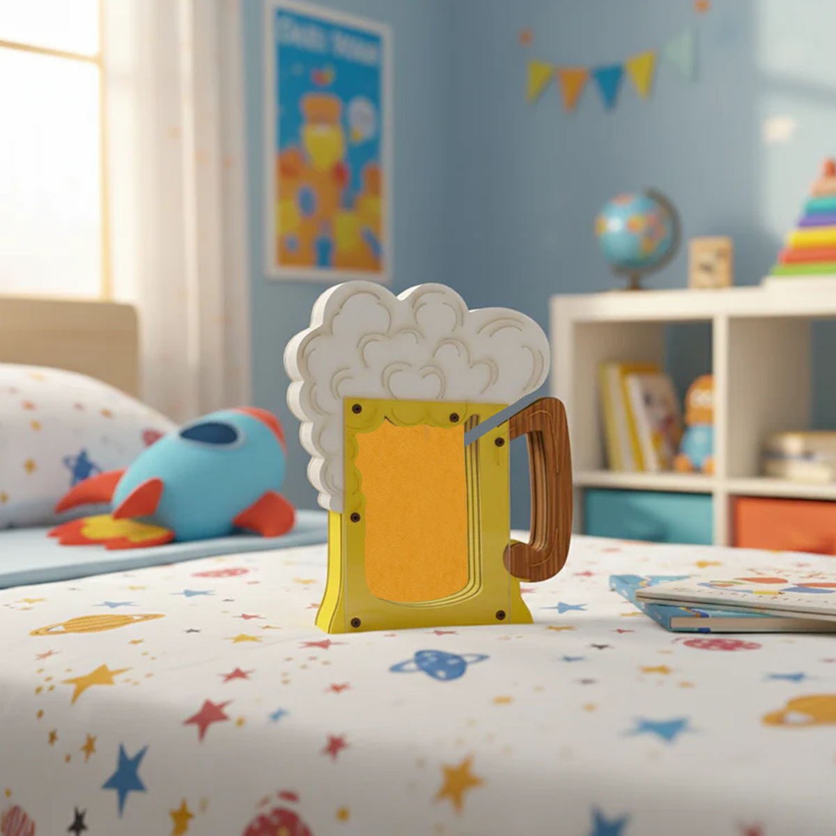 Children's room with a decorative DIY MDF mug shaped money bank on a bed