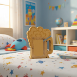 DIY MDF beer mug-shaped money bank on a child's bed with colorful bedding and toys.