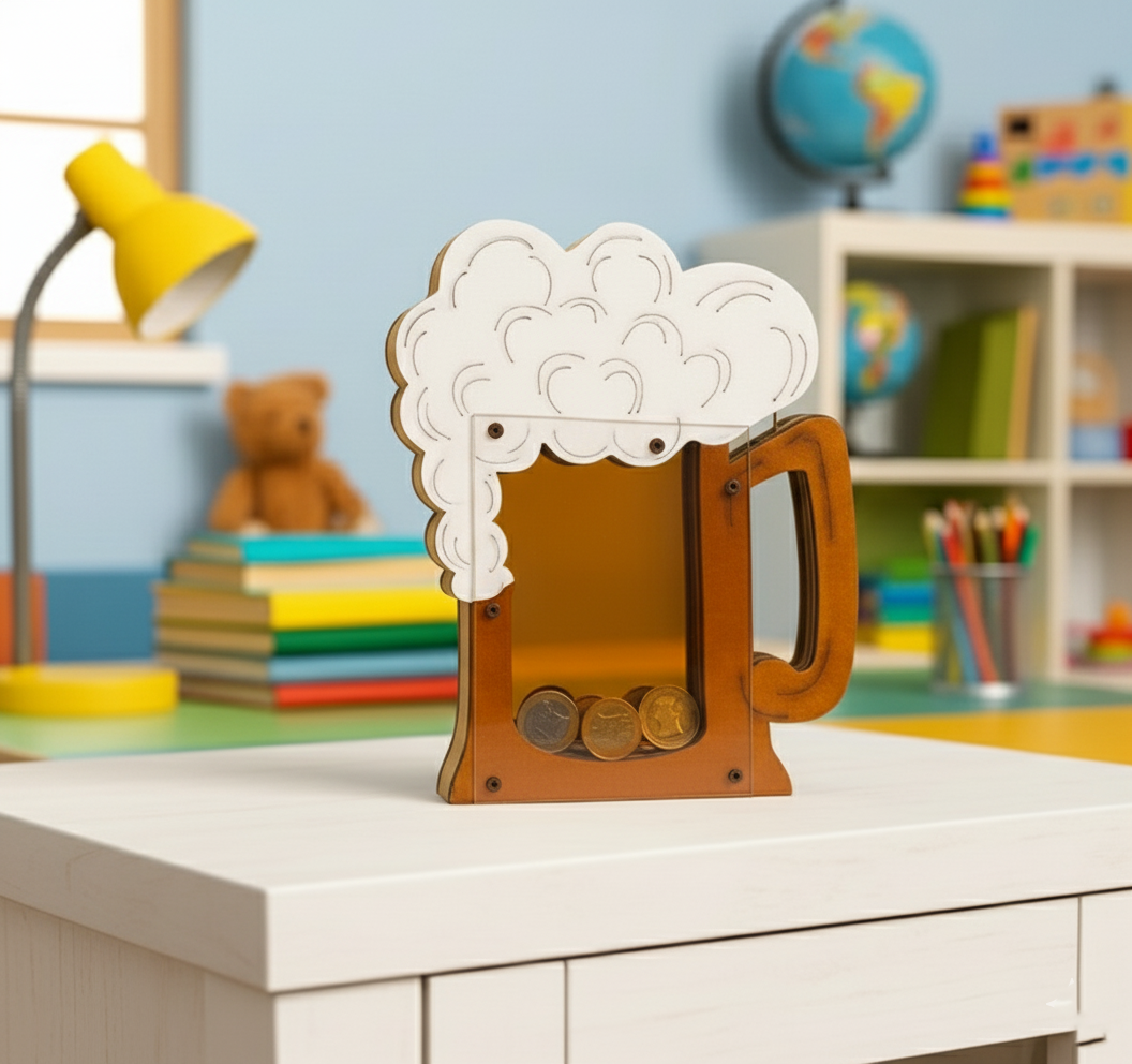  beer mug coin bank with white foam design holding coins.