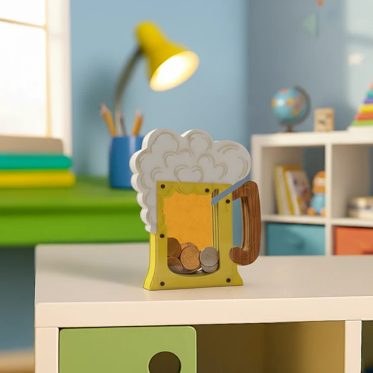 Children's room with a decorative DIY MDF mug shaped money bank on a table.