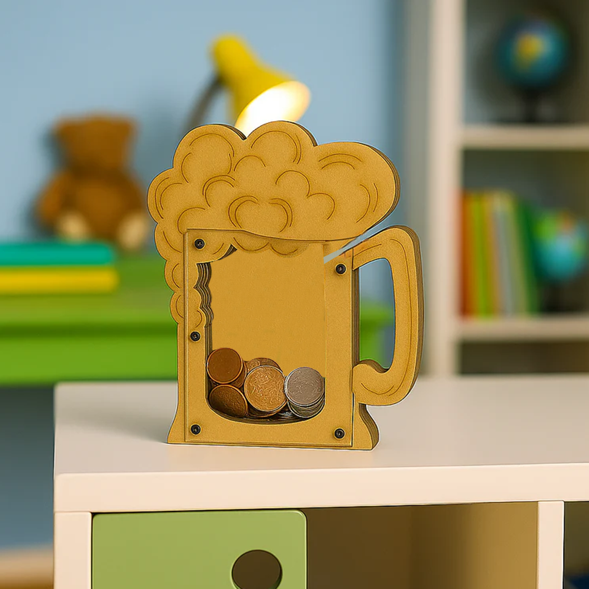 DIY MDF mug-shaped money box with coins on a shelf in a room with books and a teddy bear.