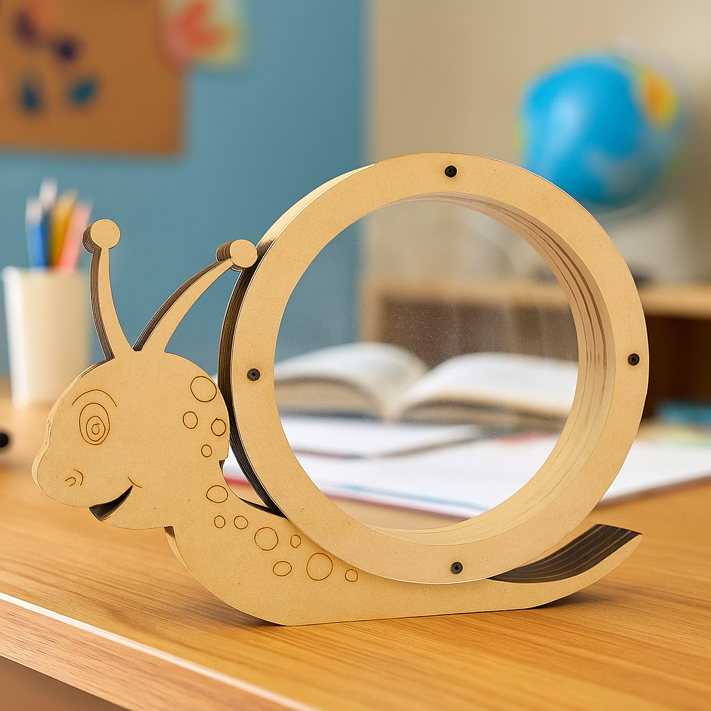 Snail-shaped MDF piggy bank with transparent window, eco-friendly kids coin saving box