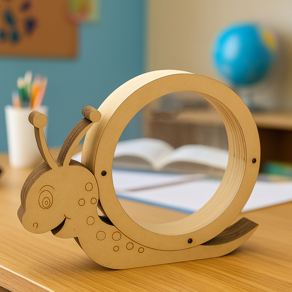 Snail-shaped MDF piggy bank with transparent window, eco-friendly kids coin saving box