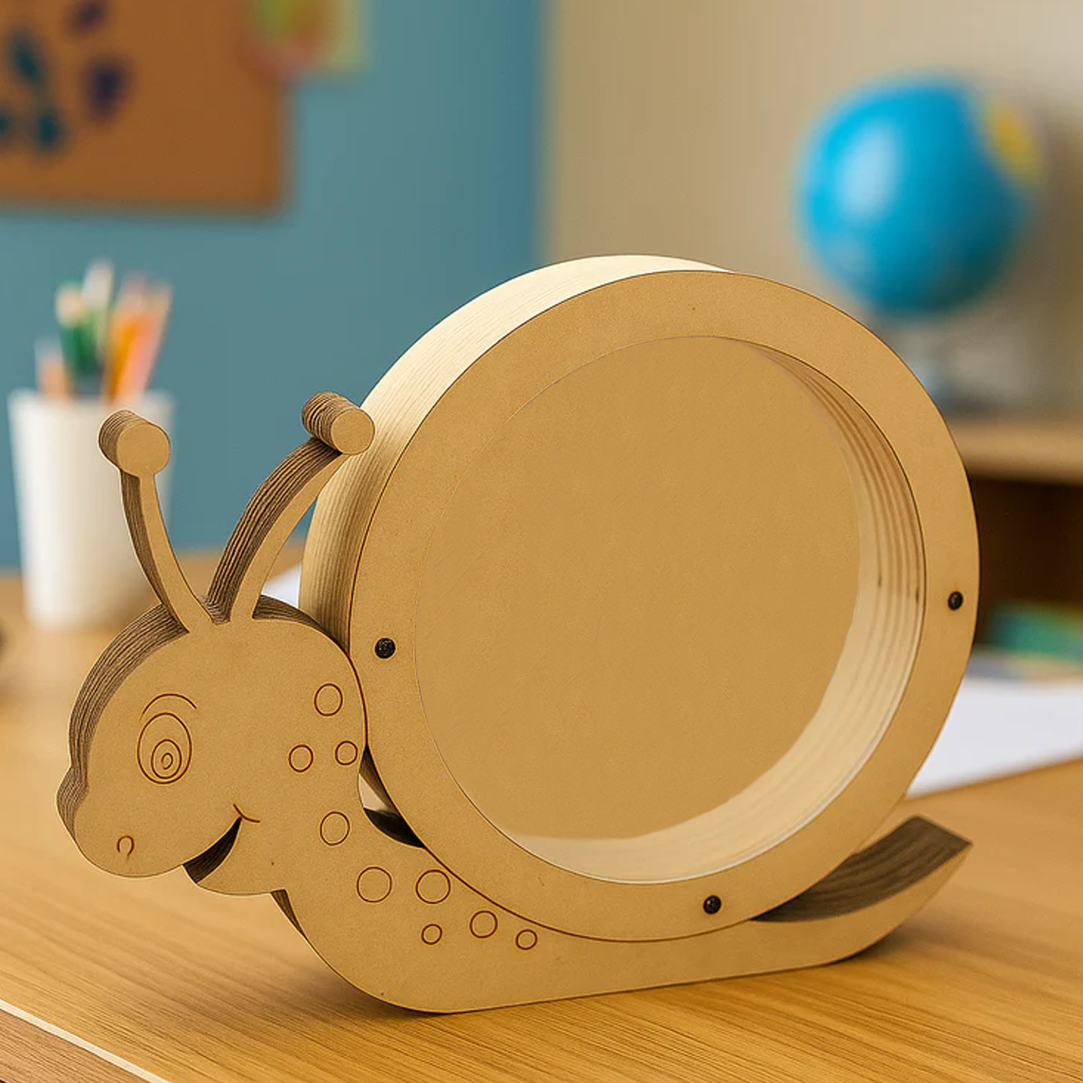 DIY MDF snail-shaped Money Bank on a desk with a colorful background