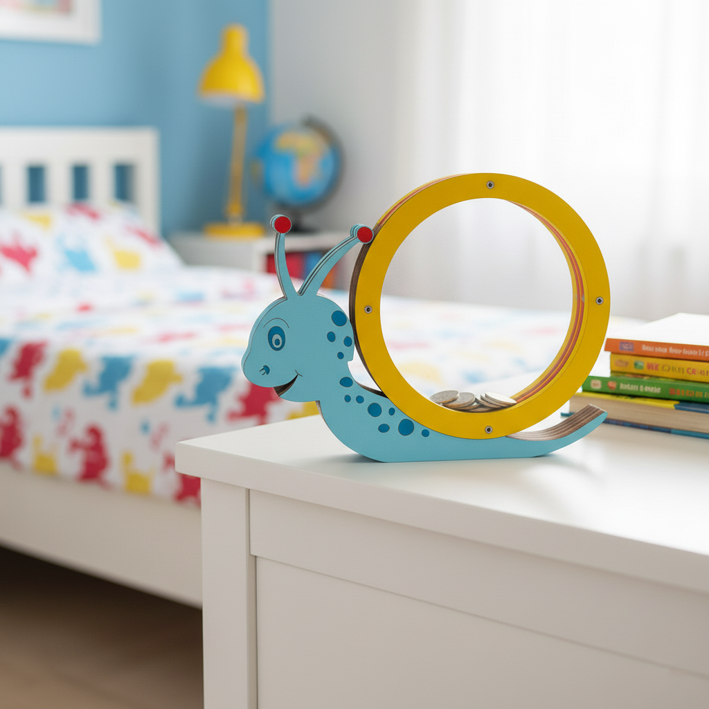 Blue snail-shaped MDF coin bank with yellow ring on white table.