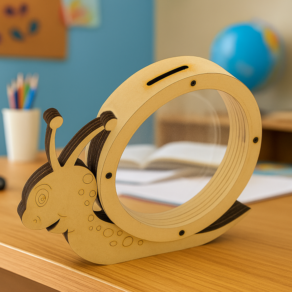 Snail-shaped MDF piggy bank with transparent window, eco-friendly kids coin saving box