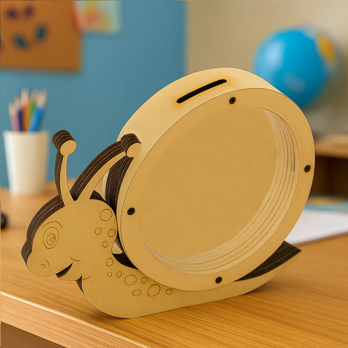 DIY MDF snail-shaped Money Bank on a desk with stationery items in the background