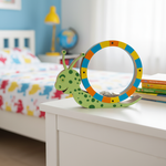Green snail-shaped MDF coin bank with colorful ring design on table.