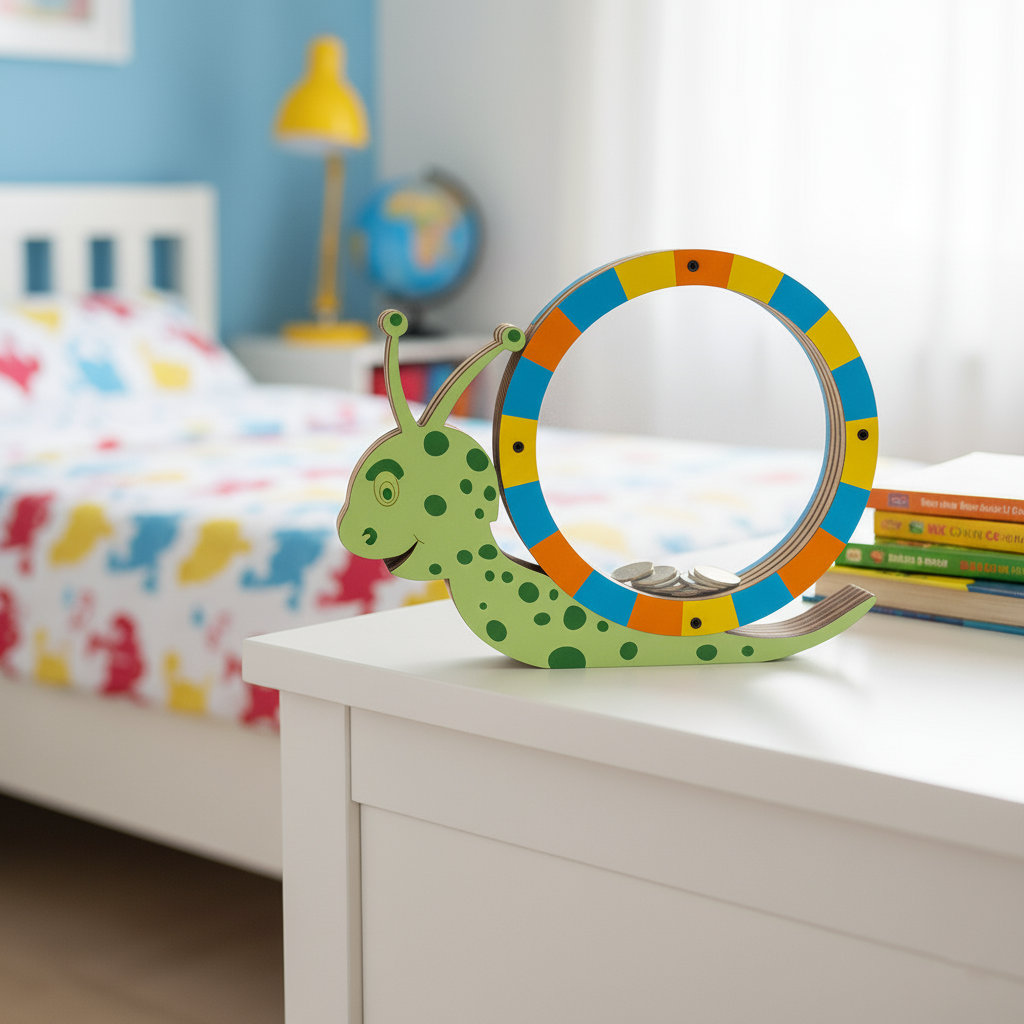 Green snail-shaped MDF coin bank with colorful ring design on table.
